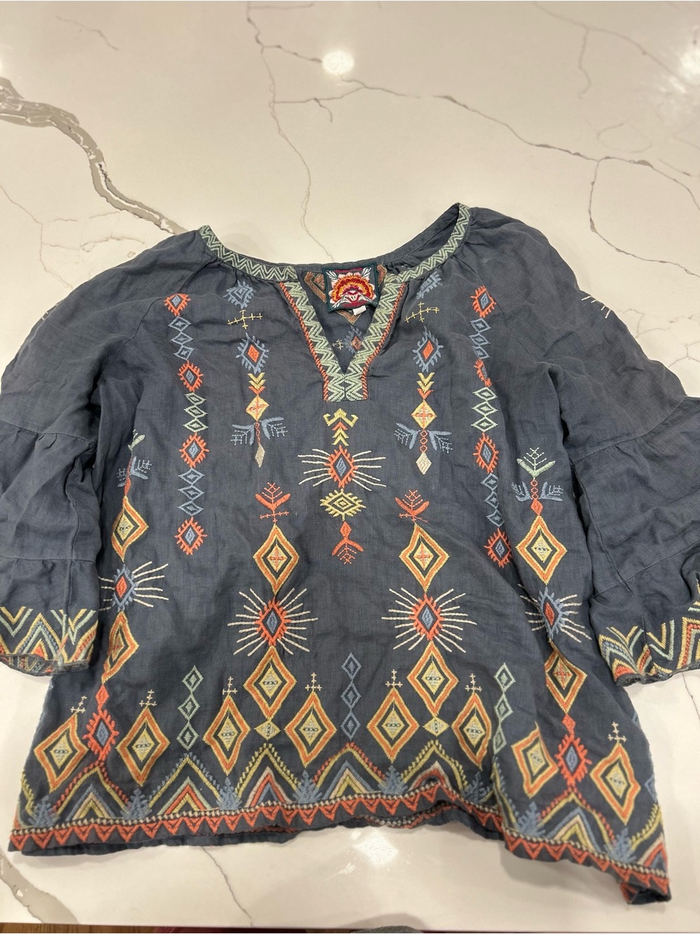 Johnny Was Gray Button-Down Shirt with Orange, Yellow and Blue Embroidery - Picture 6 of 7